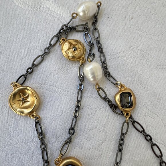 Chicos Blue Silver Gold Tone 18.5" Long Reversible Chain Statement Necklace NEW - Picture 8 of 14